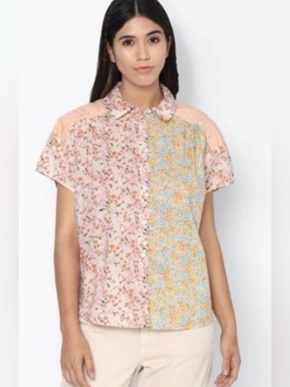 American Eagle Outfitters Patchwork Floral Button-Up OverBlouse in Peach & Yello